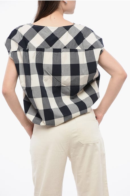 Ärmellose Bluse aus Baumwolle mit Gingham-Muster und Kordelzug in Weiß, Blau und Grau - Image 2