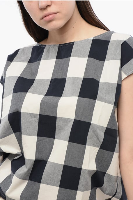 Ärmellose Bluse aus Baumwolle mit Gingham-Muster und Kordelzug in Weiß, Blau und Grau - Image 3