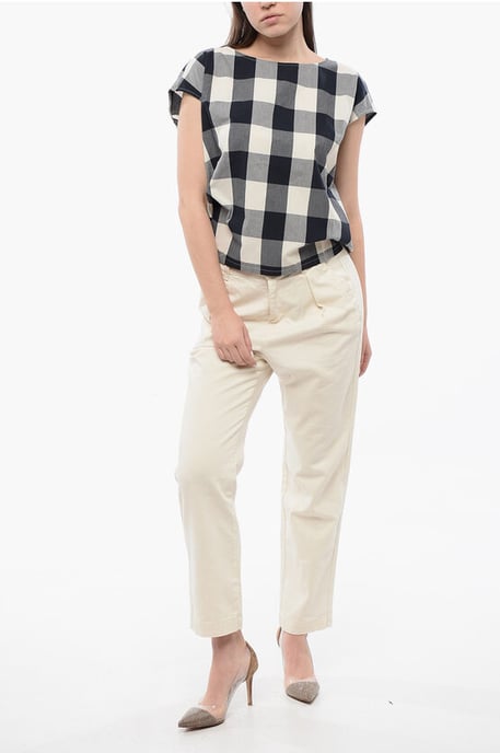 Ärmellose Bluse aus Baumwolle mit Gingham-Muster und Kordelzug in Weiß, Blau und Grau - Image 4