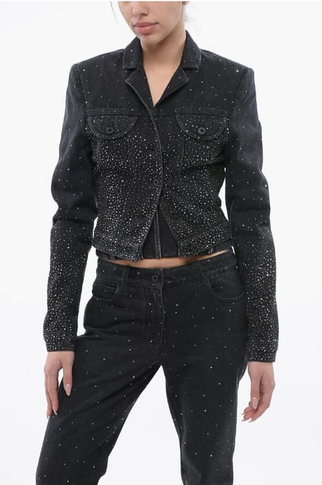 Cropped Fit BLING Jeansjacke mit Strass in Schwarz - Image 1