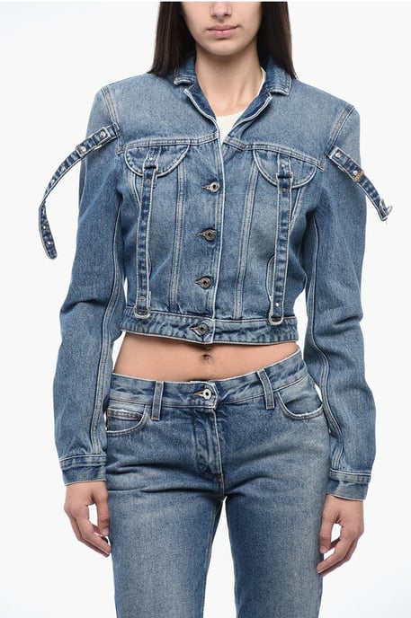 Jeansjacke im verkürzten Schnitt mit Harness-Detail in Blau - Image 1