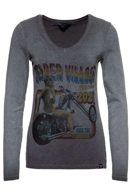 Queen Kerosin Damen Slim Fit Longsleeve mit Retro-Print und Oilwash-Effekt Velden Village 2020 anthrazit - Image 1