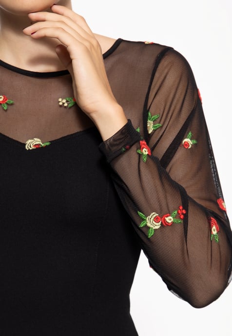 Queen Kerosin Damen Mesh Bleistiftkleid mit Rosen-Stickerei schwarz - Image 3