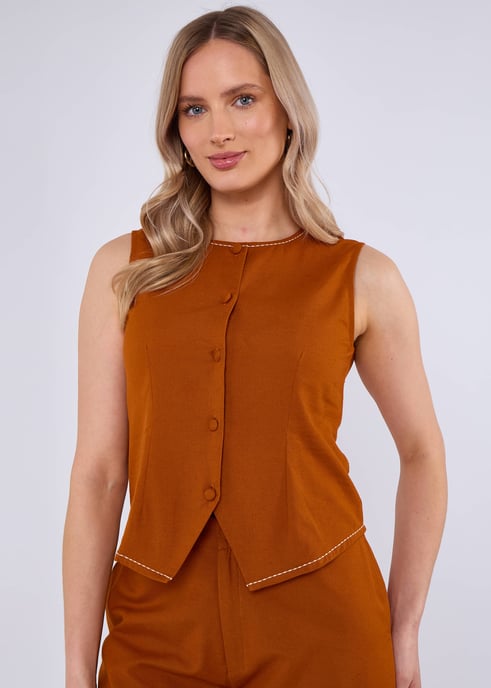 Rostfarbener Baumwollmantel mit Kontrastnähten und Taille - Image 2