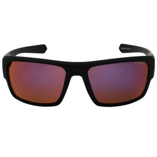 Guess – Schwarze Sonnenbrille mit gebogenem Rahmen und rosa Gläsern - Image 1