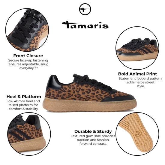 Tamaris Damen Leopard Schwarz Leder Fashion Stripe Schnürschuhe - Image 2