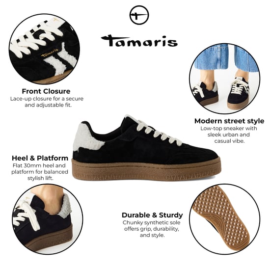 Tamaris Damen Schwarz Weiß Fell Wildleder Mode Schnürschuhe - Image 2