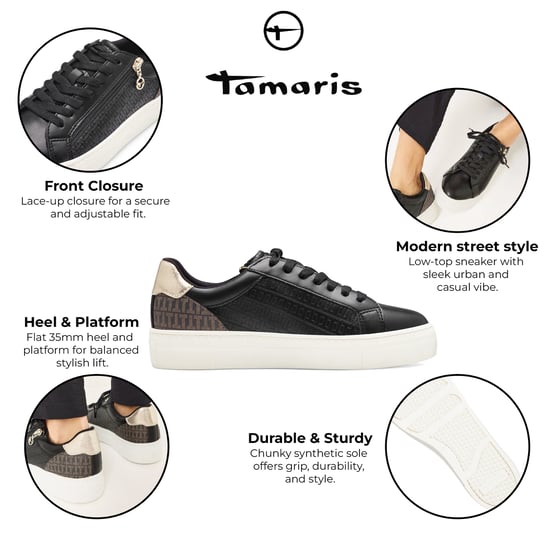 Tamaris Damen Schwarz Gold Kunstleder Fashion Schnürschuhe - Image 2