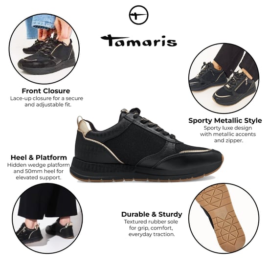 Tamaris Damen Schwarz Gold Fashion Schnür-Sneaker mit Reißverschluss - Image 2