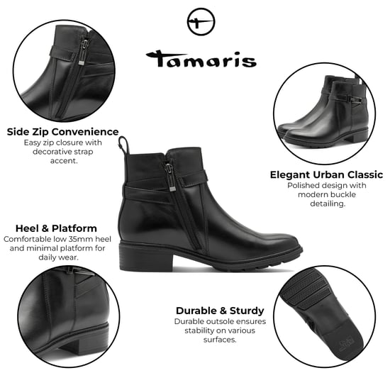 Tamaris Damen Biker-Stiefeletten aus schwarzem Leder mit Schnalle und Reißverschluss - Image 2