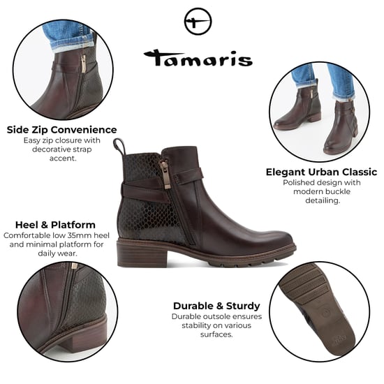 Tamaris Damen Mocca-braune Leder-Bikerstiefeletten mit Schnalle und Reißverschluss - Image 2