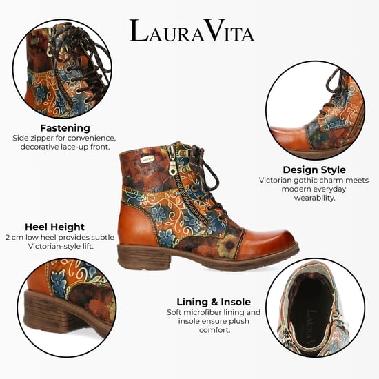 Laura Vita Anita 006 Kamelbraun Floral Damen Gothic Viktorianische Leder Stiefeletten - Image 2