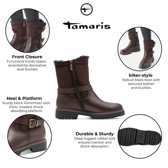Tamaris Damen Winter Mocca Braun Leder Schnalle Reißverschluss Biker Stiefeletten - Image 2