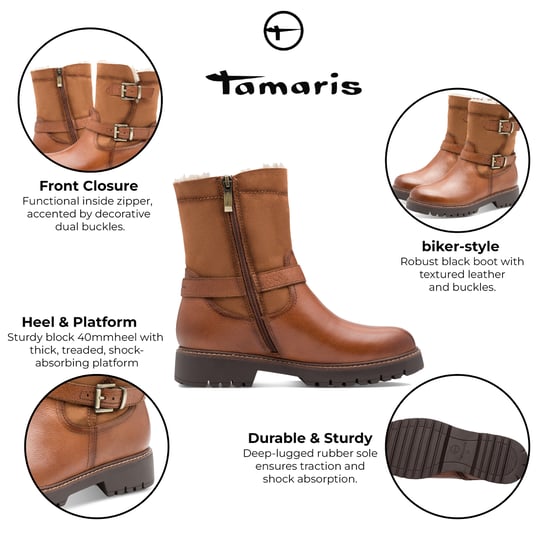 Tamaris Damen Winter Cognac Tan Braun Leder Schnalle Reißverschluss Biker Stiefeletten - Image 2