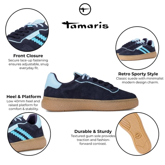 Tamaris Damen Marineblaue Leder Fashion Stripe Schnür-Sneakers - Image 2