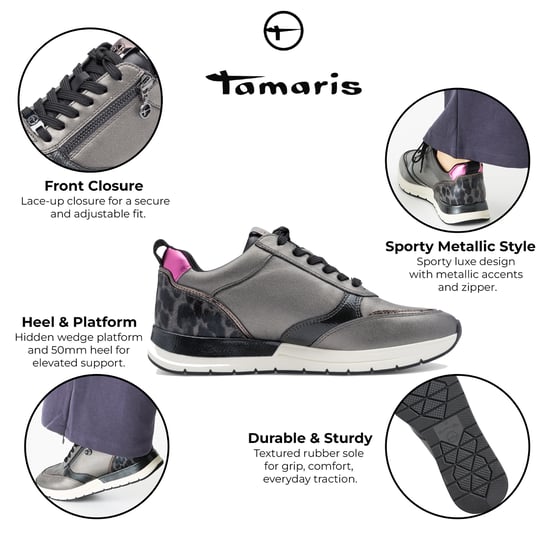 Tamaris Damen Pewter Silver Pink Fashion Schnür-Sneaker mit Reißverschluss - Image 2