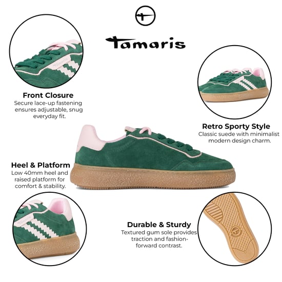 Tamaris Damen Grün Rosa Leder Fashion Stripe Schnür-Sneakers - Image 2