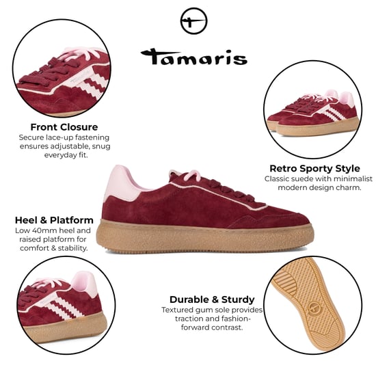 Tamaris Damen Merlot Burgunderrot Leder Fashion Stripe Schnür-Sneakers - Image 2