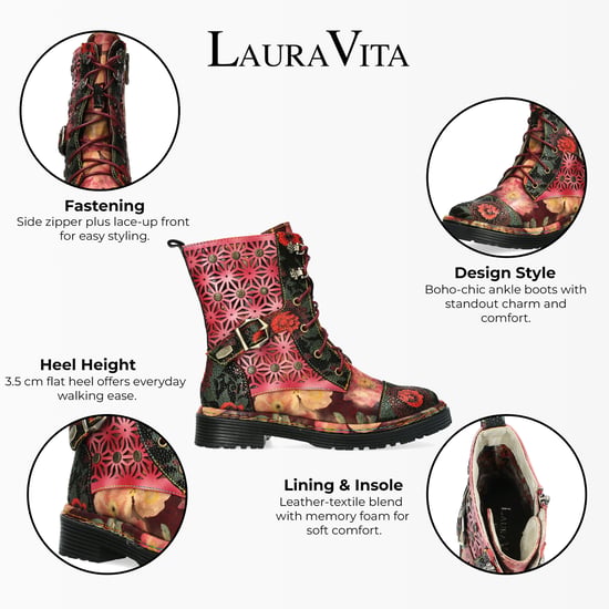 Laura Vita Incaso 36 Rote Blumen Damen Gothic Viktorianische Leder Knöchelhohe Stiefel - Image 2