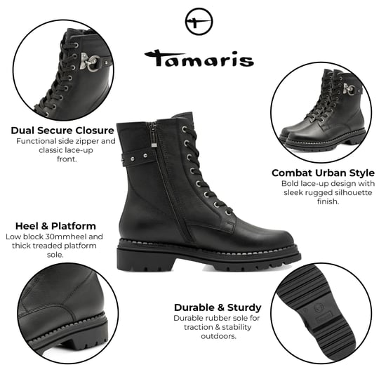 Tamaris Damen Fashion Schwarze Leder Schnürstiefeletten mit Reißverschluss - Image 2