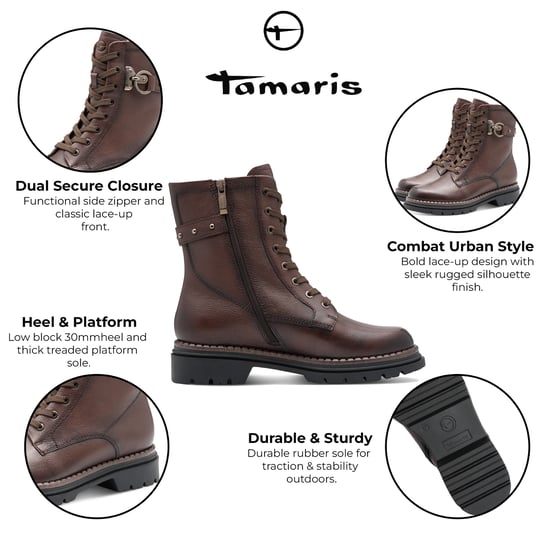Tamaris Damen Fashion Braun Leder Schnürstiefeletten mit Reißverschluss - Image 2