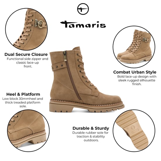 Tamaris Damen Fashion Camel Beige Leder Schnürstiefeletten mit Reißverschluss - Image 2