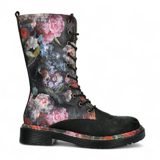 Laura Vita Incaso-18 Schwarze Damenstiefel mit Blumenmuster, Gothic-Stil, viktorianisches Leder - Image 1