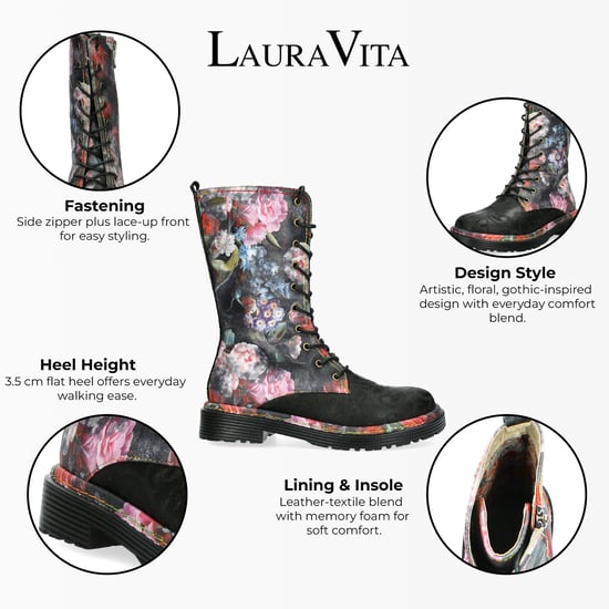 Laura Vita Incaso-18 Schwarze Damenstiefel mit Blumenmuster, Gothic-Stil, viktorianisches Leder - Image 2
