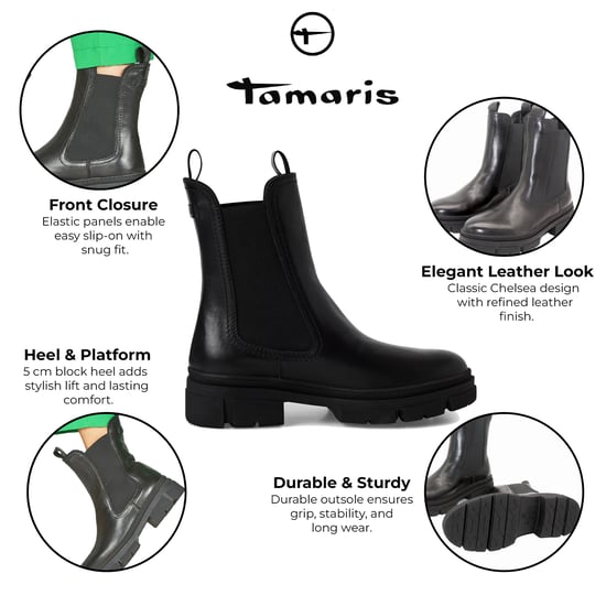 Tamaris Damen Klassische Chelsea-Stiefeletten aus schwarzem Leder mit hohem Überzug - Image 2