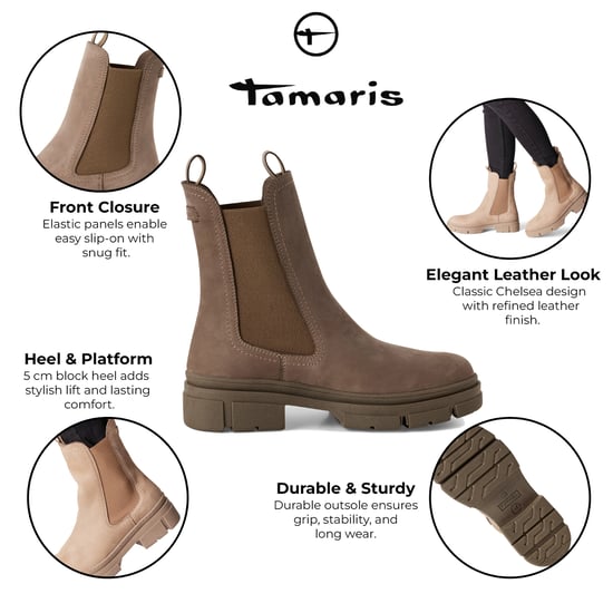 Tamaris Damen Dune Taupe Braun Leder Klassische High Pull-On Chelsea Stiefeletten - Image 2