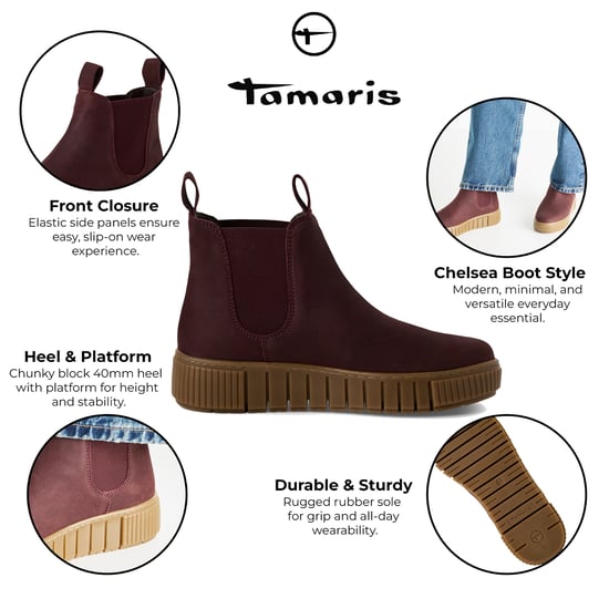 Tamaris Damen Bordeaux Burgunder Leder Chelsea Stiefeletten - Image 2