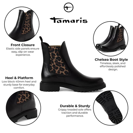 Tamaris Damen Schwarze Leoparden-Leder-Klassiker-High-Chelsea-Ankle-Boots - Image 2