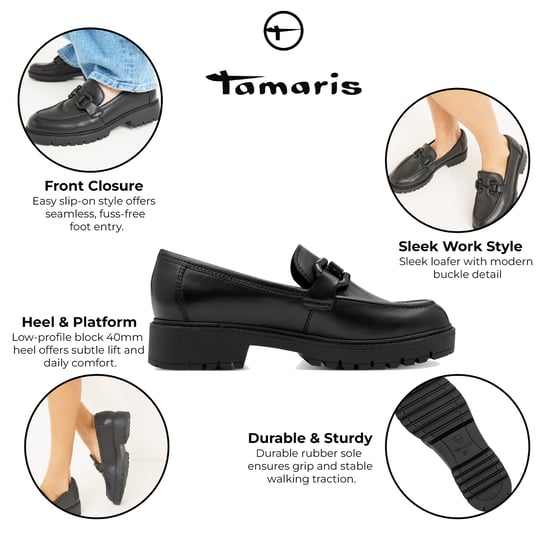 Tamaris Damen Schwarze Leder-Loafer Slip-On Plateauschuhe - Image 2
