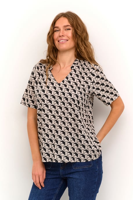 Kurzarm-Bluse Regular fit Feather/Black Geometric Print white black - Image 2