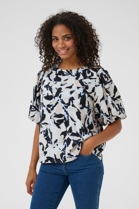 Kurzarm-Bluse A-shape Beige/Black/Blue Blurry Leaf beige - Image 3