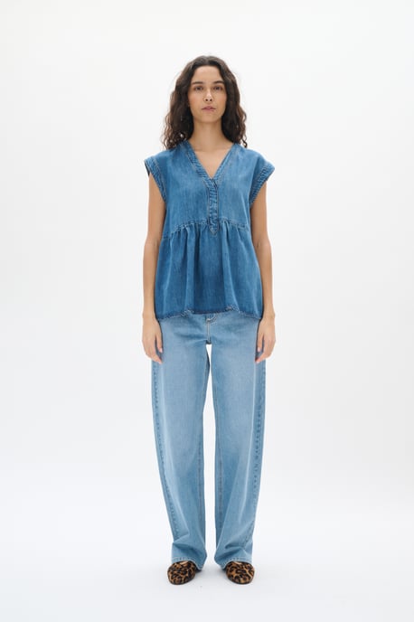 Kurzarm-Bluse Gerade Passform Washed Denim blue - Image 2
