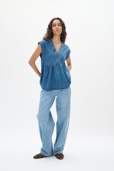 Kurzarm-Bluse Gerade Passform Washed Denim blue - Image 3