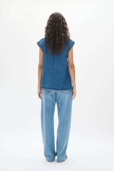 Kurzarm-Bluse Gerade Passform Washed Denim blue - Image 4
