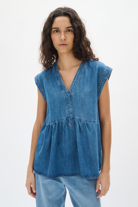 Kurzarm-Bluse Gerade Passform Washed Denim blue - Image 5