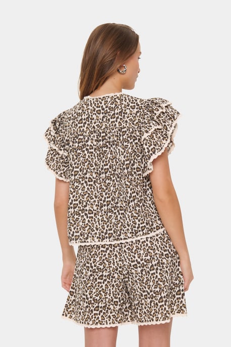 Kurzarm-Bluse Gerade Passform Creme Leopard Strokes leopard - Image 3