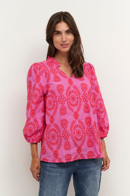Bluse mit kurzen Ärmeln, lockere Passform, Fuchsia Pink - Image 3