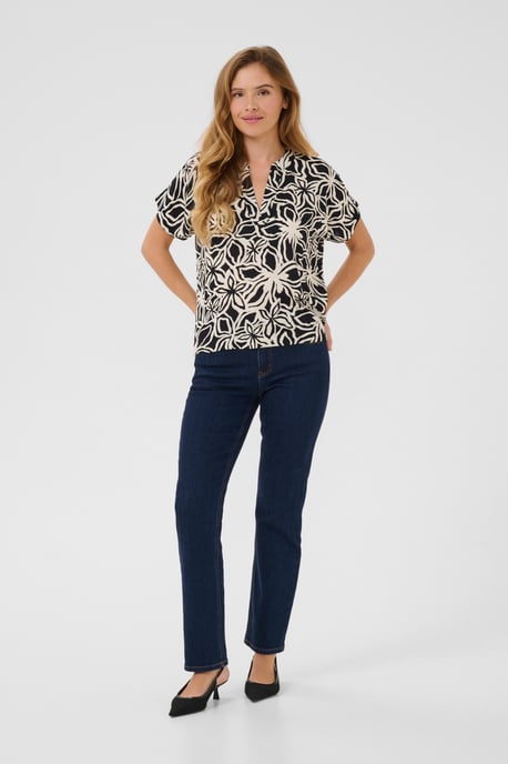 Kurzarm-Bluse Regular fit Black / Light Beige Flower - Image 1
