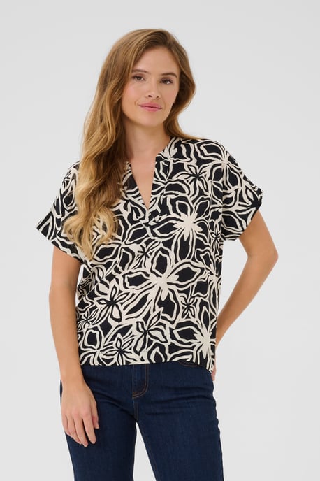 Kurzarm-Bluse Regular fit Black / Light Beige Flower - Image 3