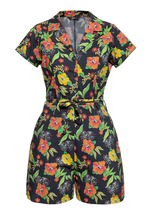 Queen Kerosin Damen Blusen Jumpsuit Hibiscus Black schwarz - Image 1