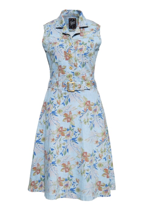 Queen Kerosin Damen Denim Workwear Swing Kleid Hawaii hellblau - Image 1