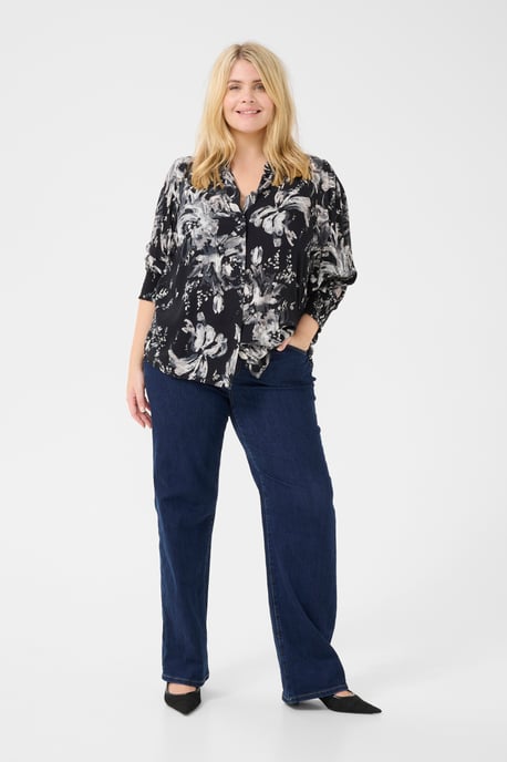 Langarm - Hemd Regular fit Black/White Painted Flower - Image 1