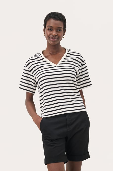 T-shirt Lockere Passform Black and Eggnog Stripe black white - Image 2