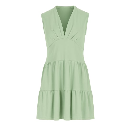 Hellgrünes ärmelloses Jerseykleid mit V-Ausschnitt – Lockere Passform, knielang - Image 1