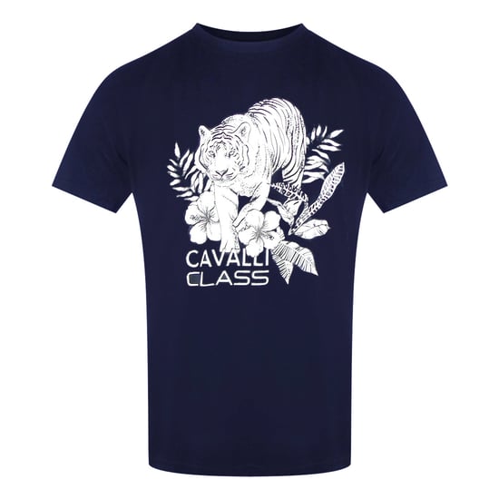 Cavalli Class - Marineblaues T-shirt Mit Tiger-blumenlogo - Image 1