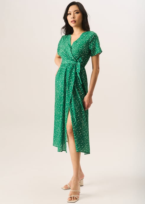Grünes Wickel-Midikleid mit Tiermuster - Image 1